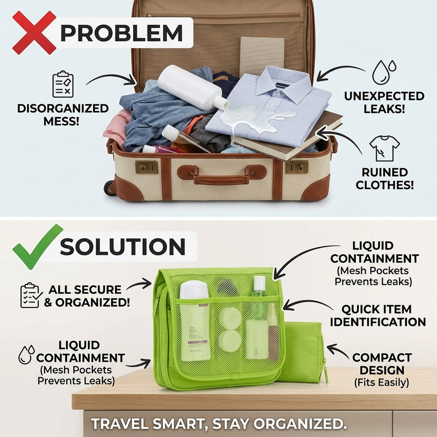 Hanging travel storage bag problem and solution organizer