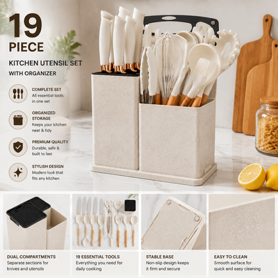 Organized kitchen utensil set with knives cutting boards and cooking tools