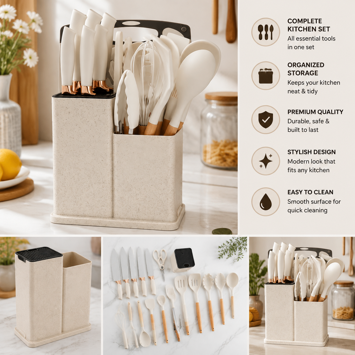 Premium kitchen utensil set displayed in its space-saving organizer