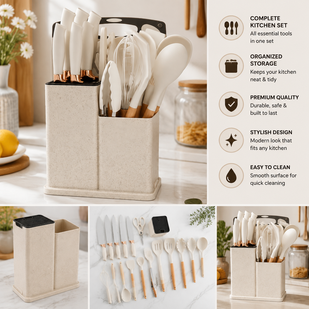 Premium kitchen utensil set displayed in its space-saving organizer