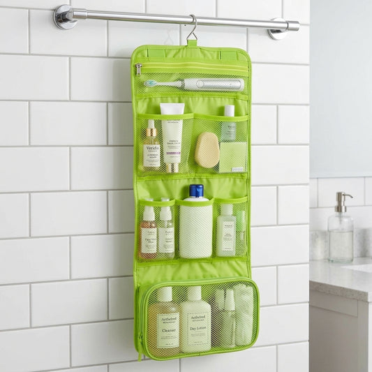 Green hanging travel toiletry storage organizer