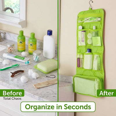 Hanging travel storage bag before and after organization