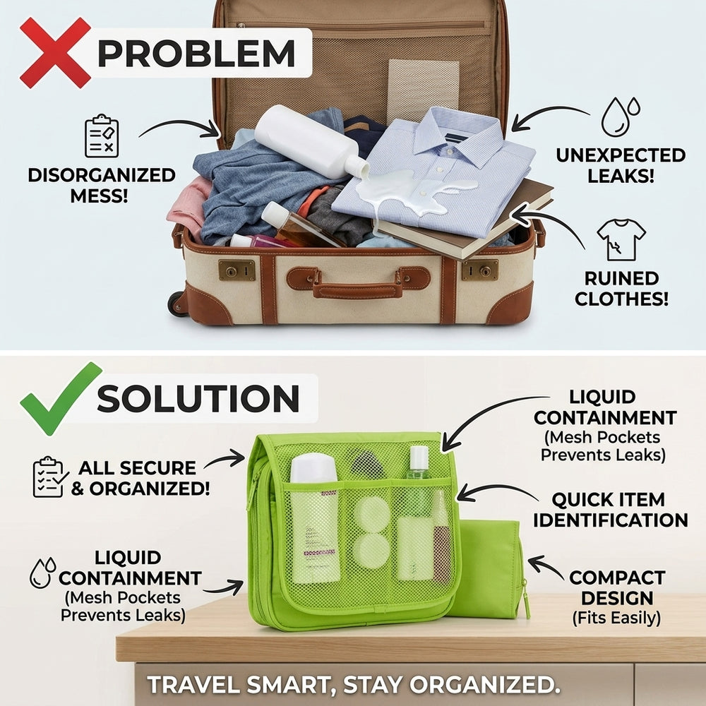 Hanging travel storage bag problem and solution organizer