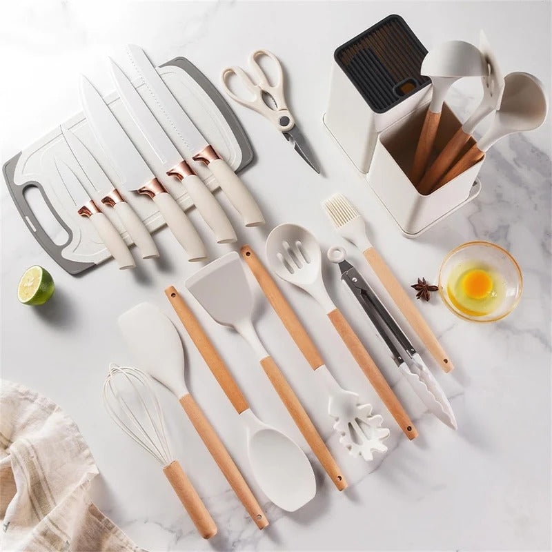 19-piece kitchen utensil set components with countertop holder
